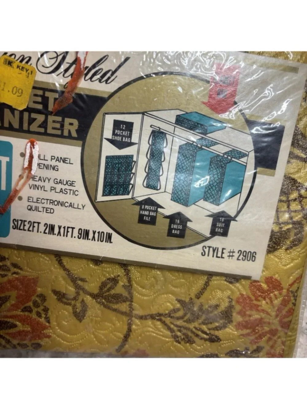 Vintage New Old Stock Closet Organizer Blanket Bag Gold Floral Mid Century Vinyl